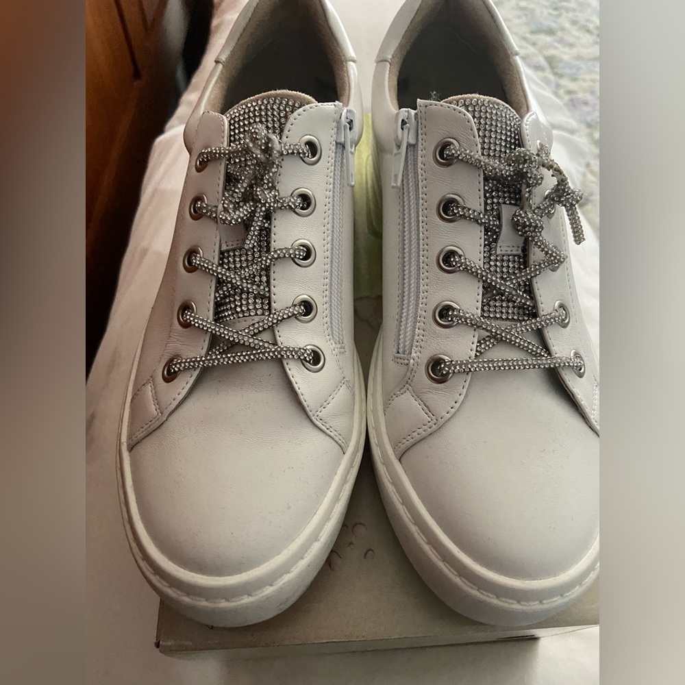 Vaneli White Sneakers with Rhinestone Laces
